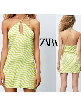 Zara Green white zebra animal print Halter mini Dress M peephole keyhole cutout